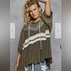 POL Gray Olive and Cream Embellished Hoodie